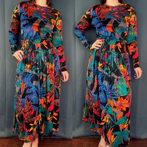 Vintage 80s Flora Kung Floral Silk Jersey Dress - Picture 5 of 6